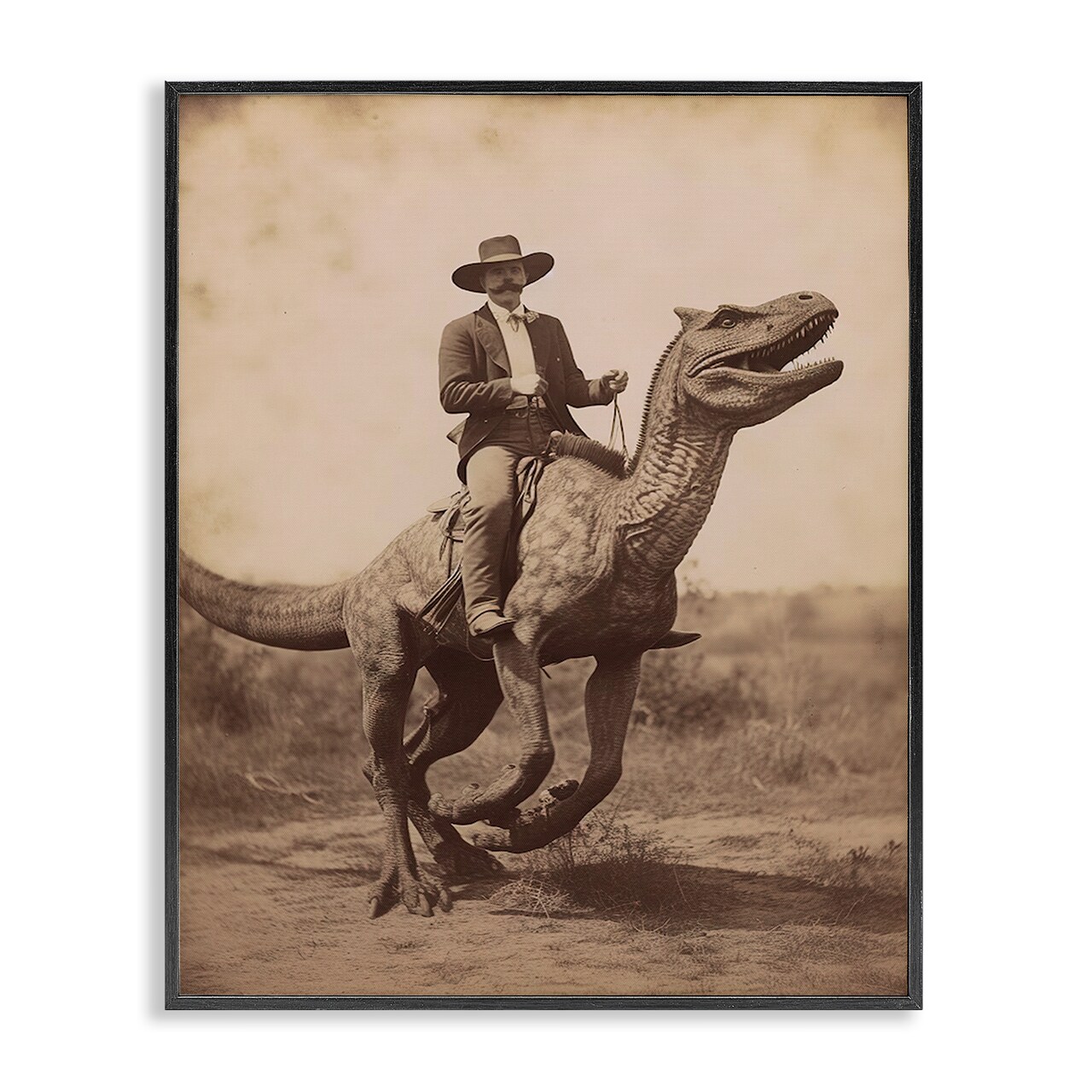 Stupell Industries Wild West Man Riding Dinosaur Framed Giclee By Lettered and Lined